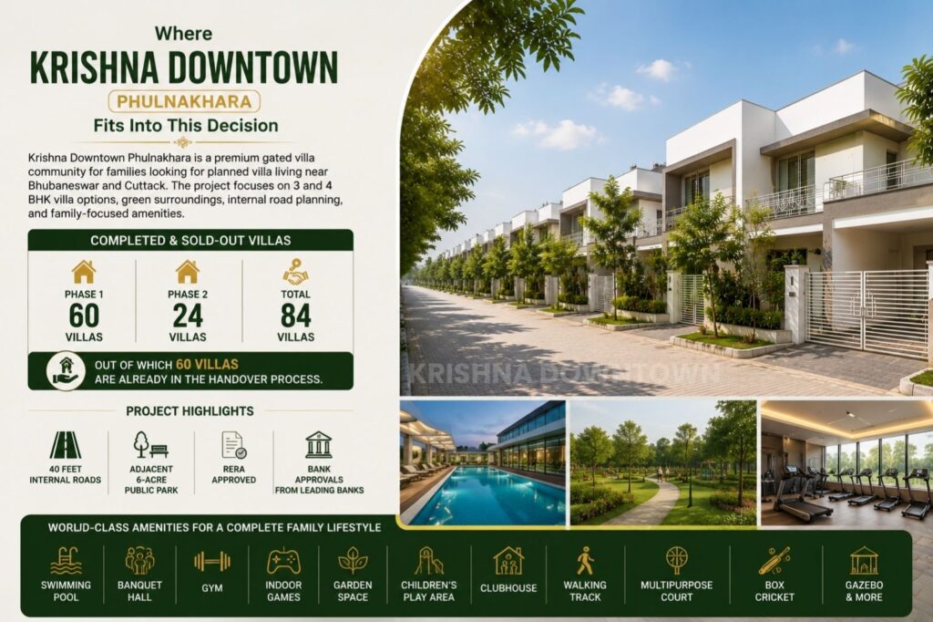 Krishna Downtown Phulnakhara gated villa community with modern duplex villas, amenities, and landscaped open spaces near Bhubaneswar.